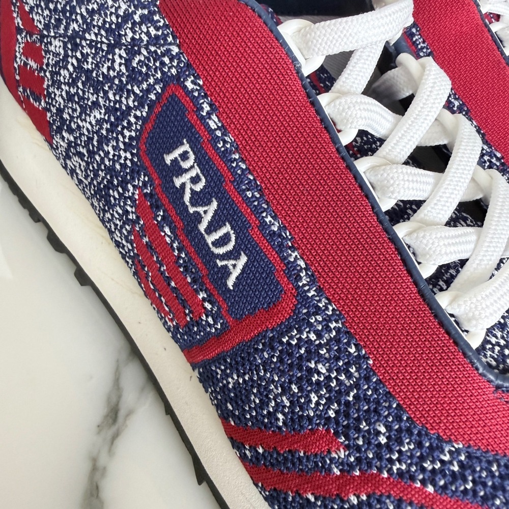 Prada‎ Knit Sneakers Mens  Indaco Scarlatto Blue Red 2EG272 Runner Shoes US 8 - Picture 5 of 12